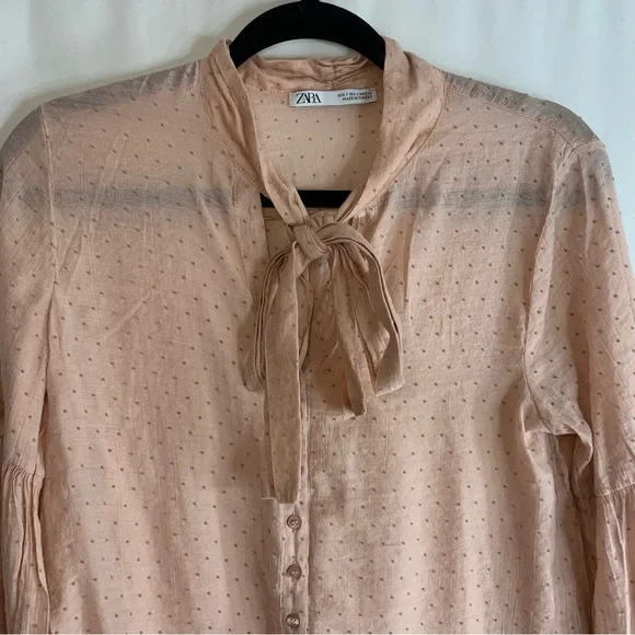 Zara Sheer Blush Pink Polka Dot Blouse with Neck Tie, Size S - Picture 4 of 8
